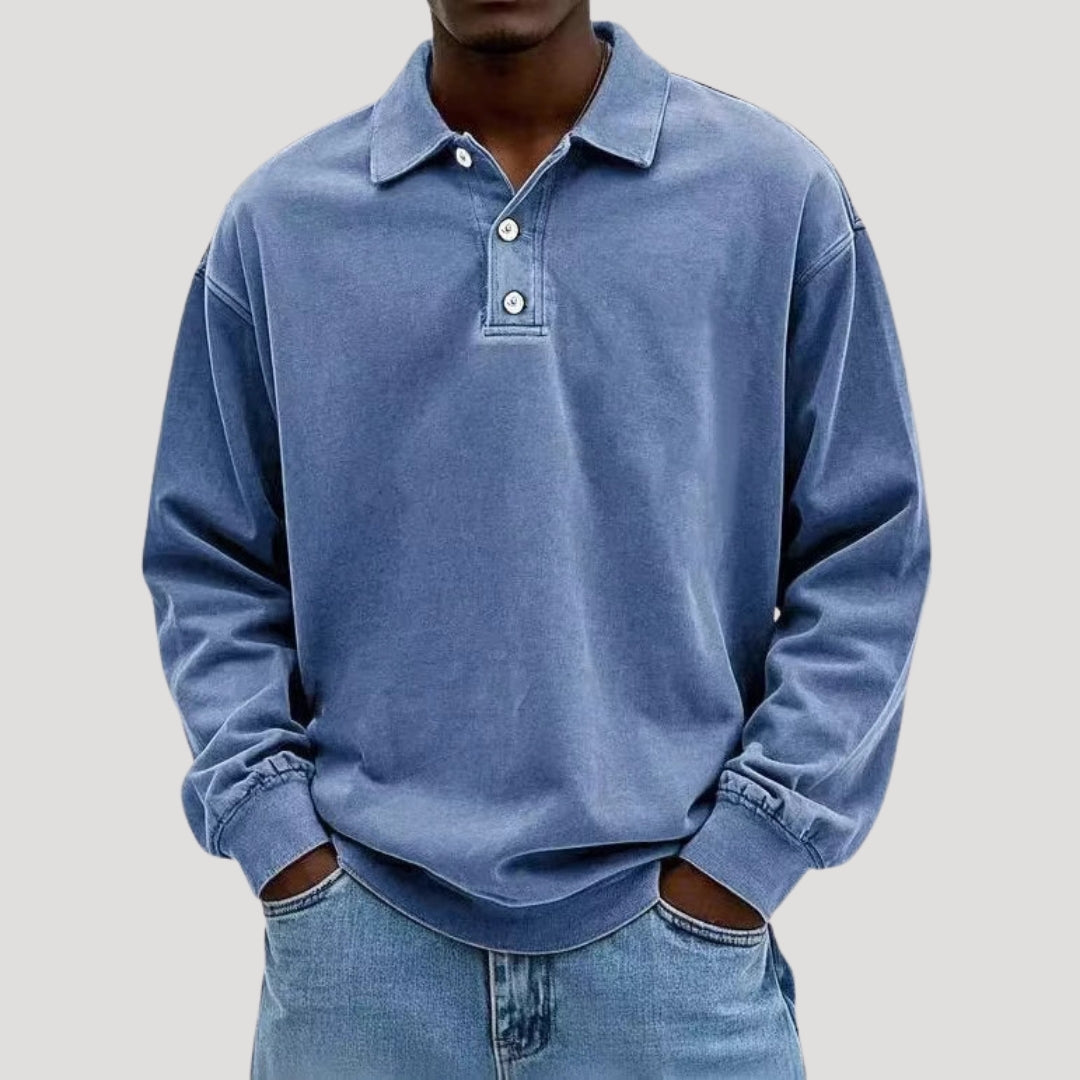 Men's Collared Long Sleeve Button-Front Polo Sweatshirt