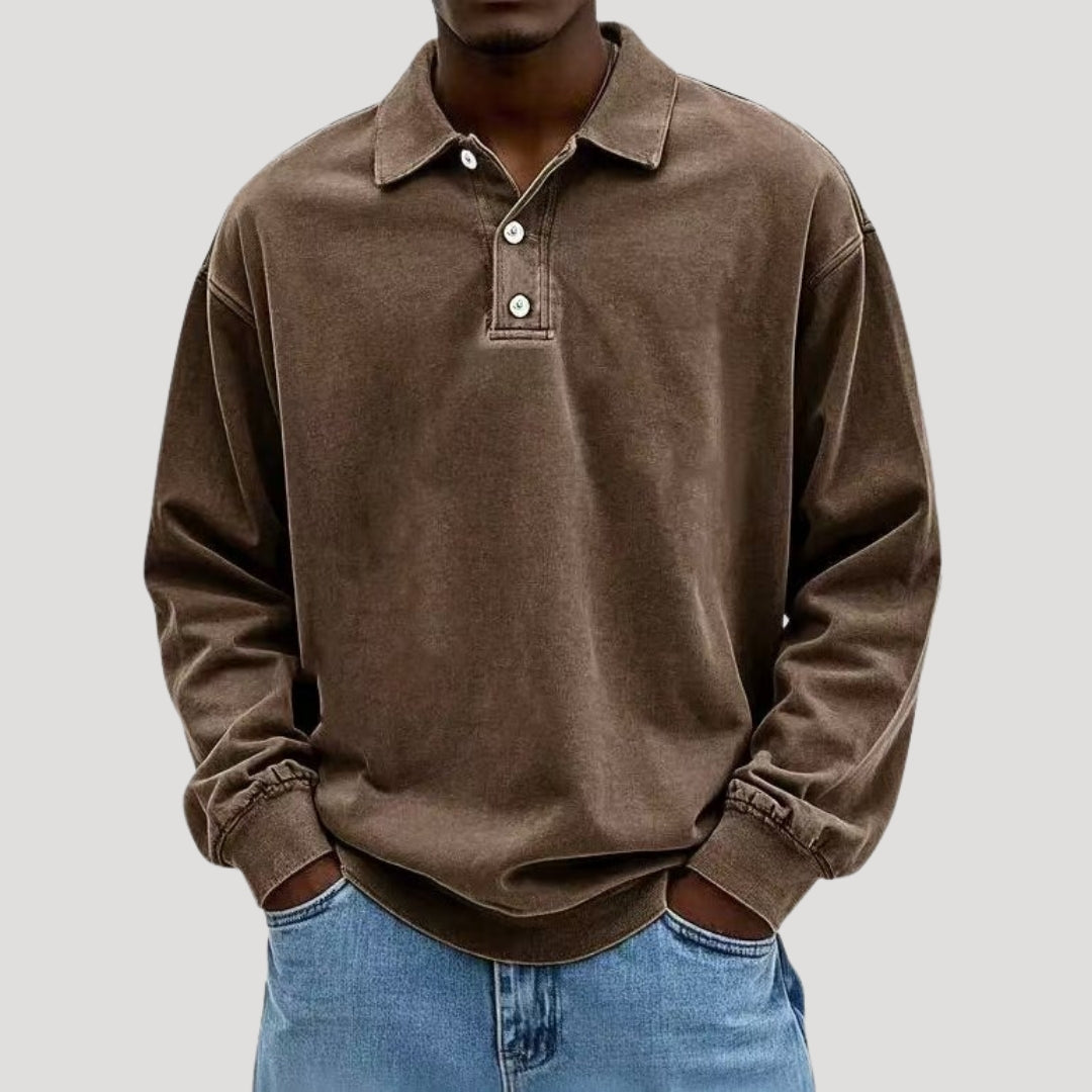 Men's Collared Long Sleeve Button-Front Polo Sweatshirt