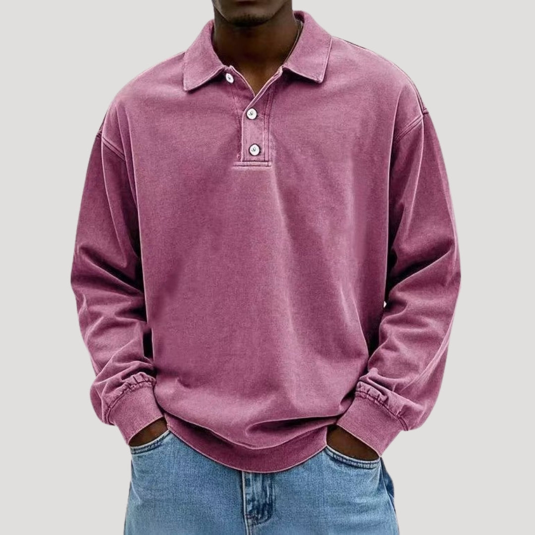 Men's Collared Long Sleeve Button-Front Polo Sweatshirt