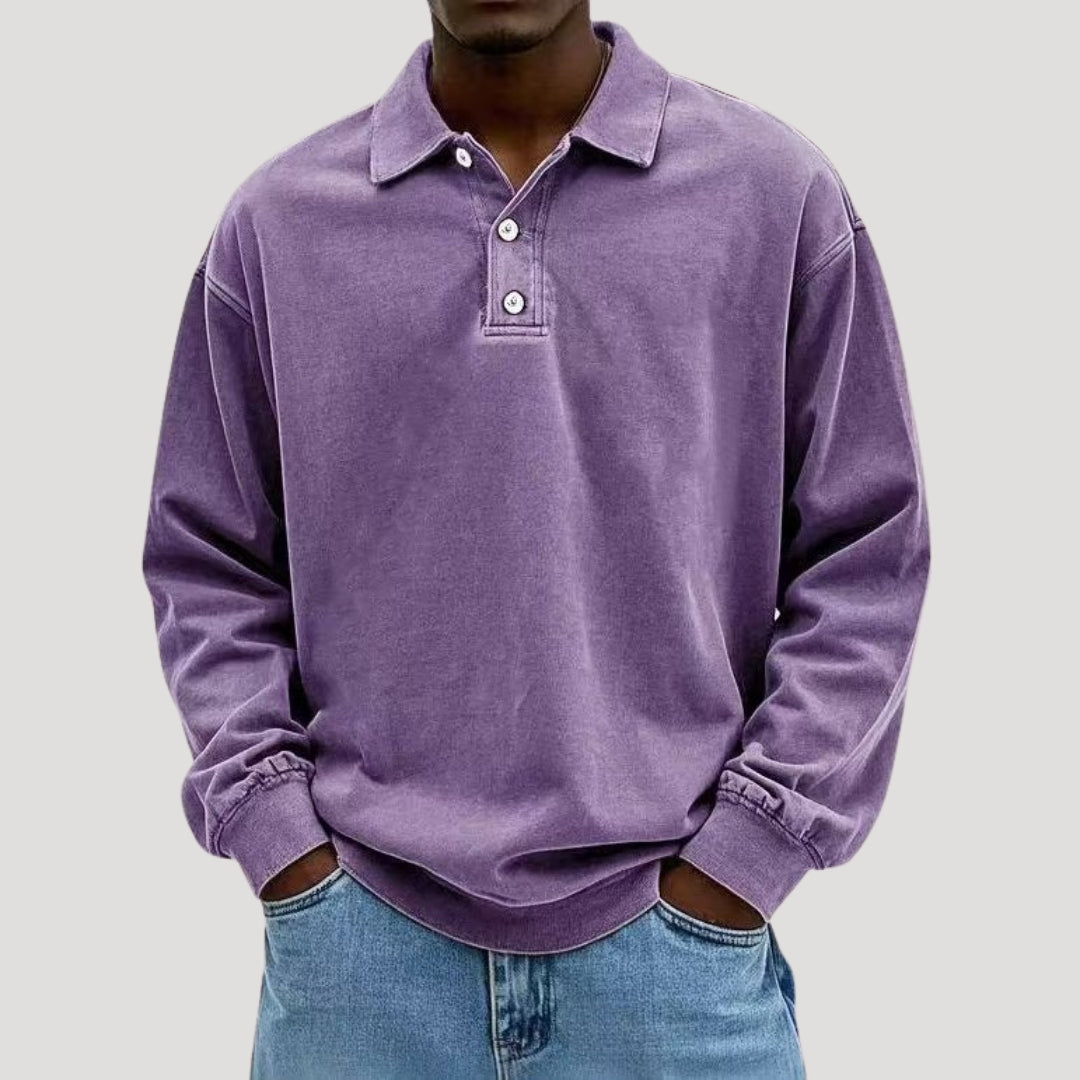 Men's Collared Long Sleeve Button-Front Polo Sweatshirt