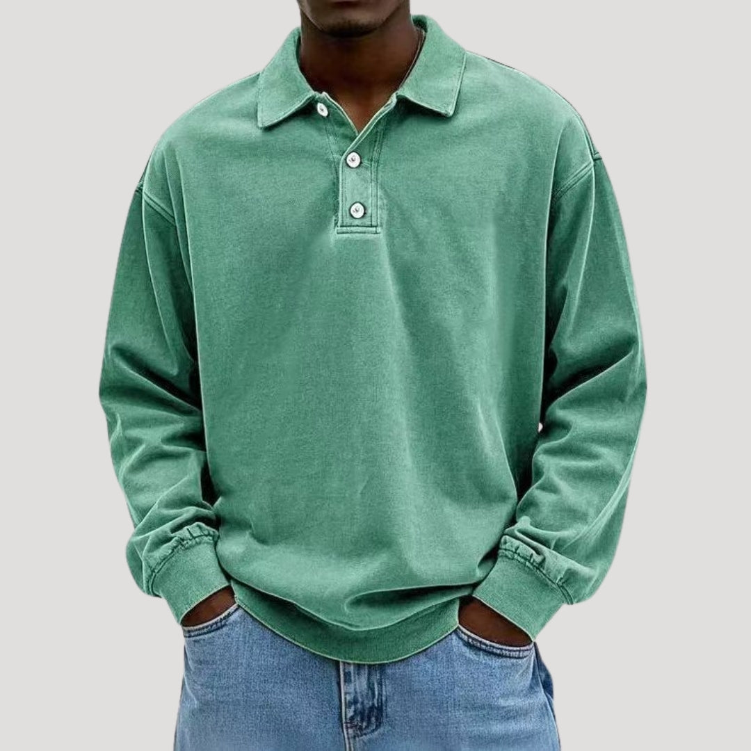 Men's Collared Long Sleeve Button-Front Polo Sweatshirt
