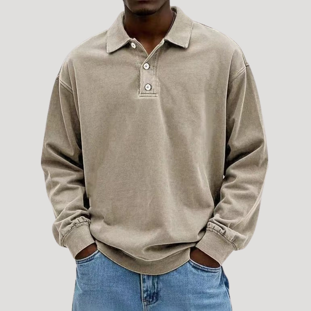 Men's Collared Long Sleeve Button-Front Polo Sweatshirt