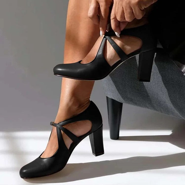 Women's Round Toe Block Heel Ankle Strap Pumps