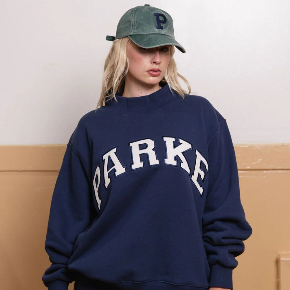 Oversized Varsity Graphic Mock Neck Drop Shoulder Sweatshirt