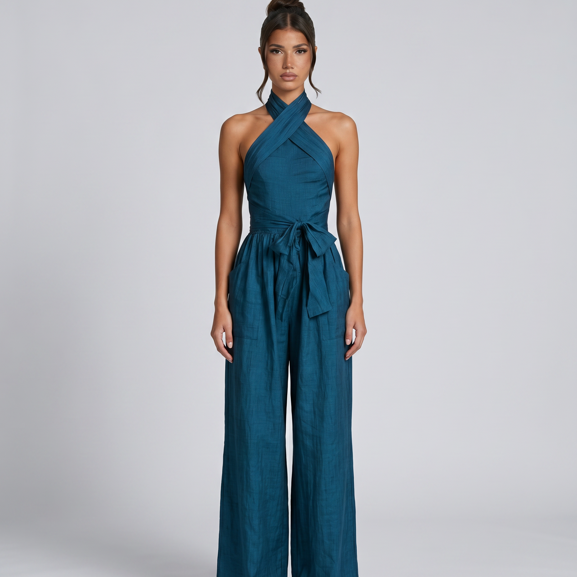 Women's Navy Cross Halter Wide-Leg Jumpsuit