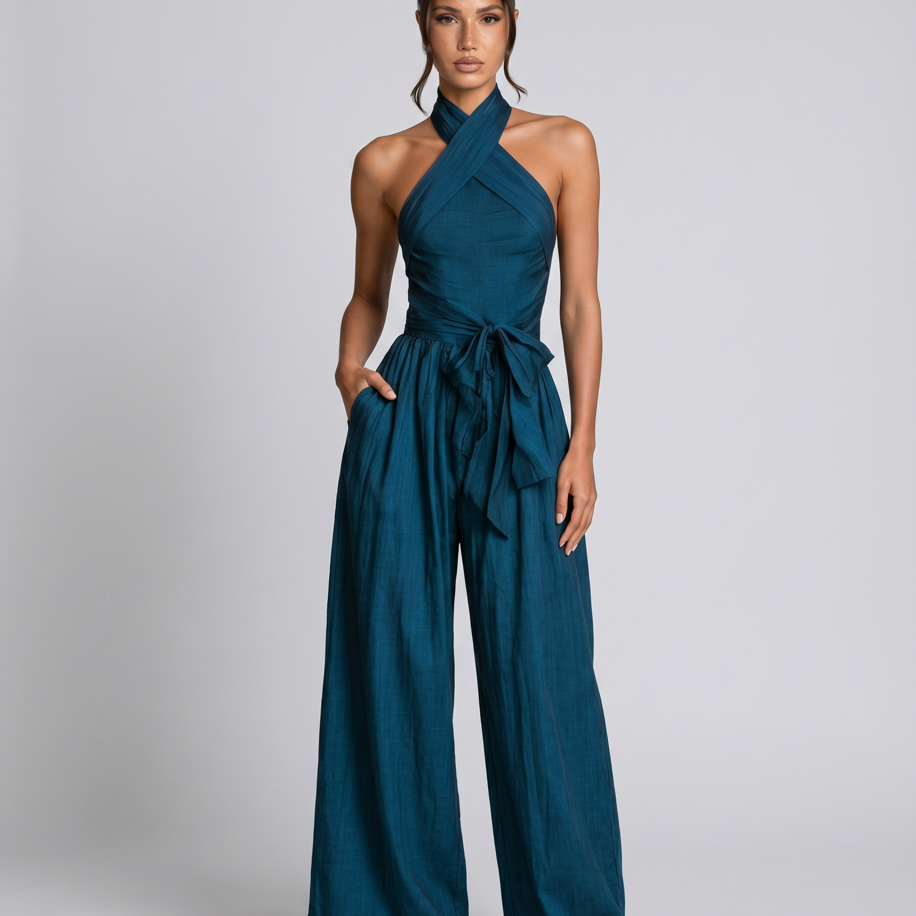 Women's Navy Cross Halter Wide-Leg Jumpsuit