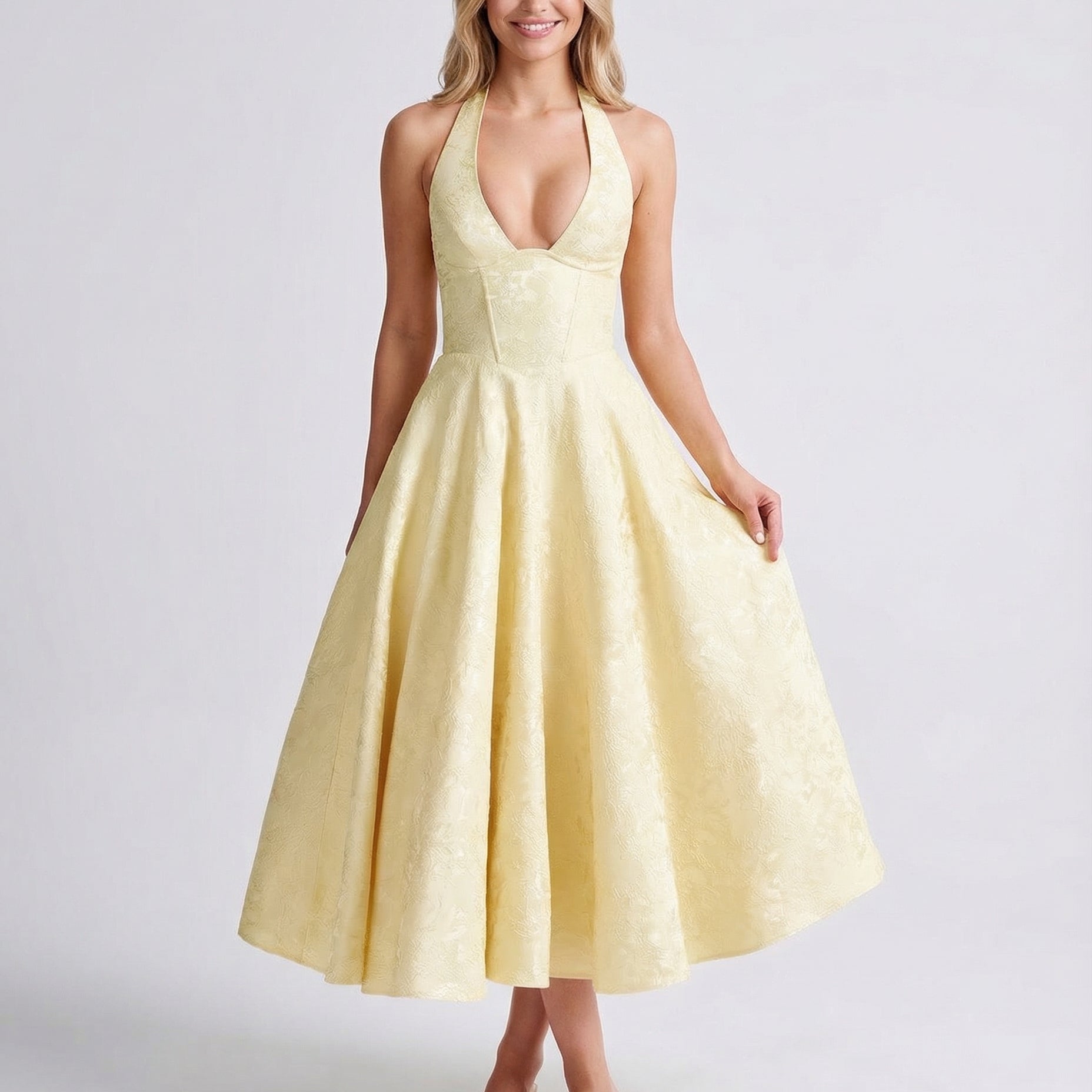 Women's Halter Midi Dress with Jacquard Finish