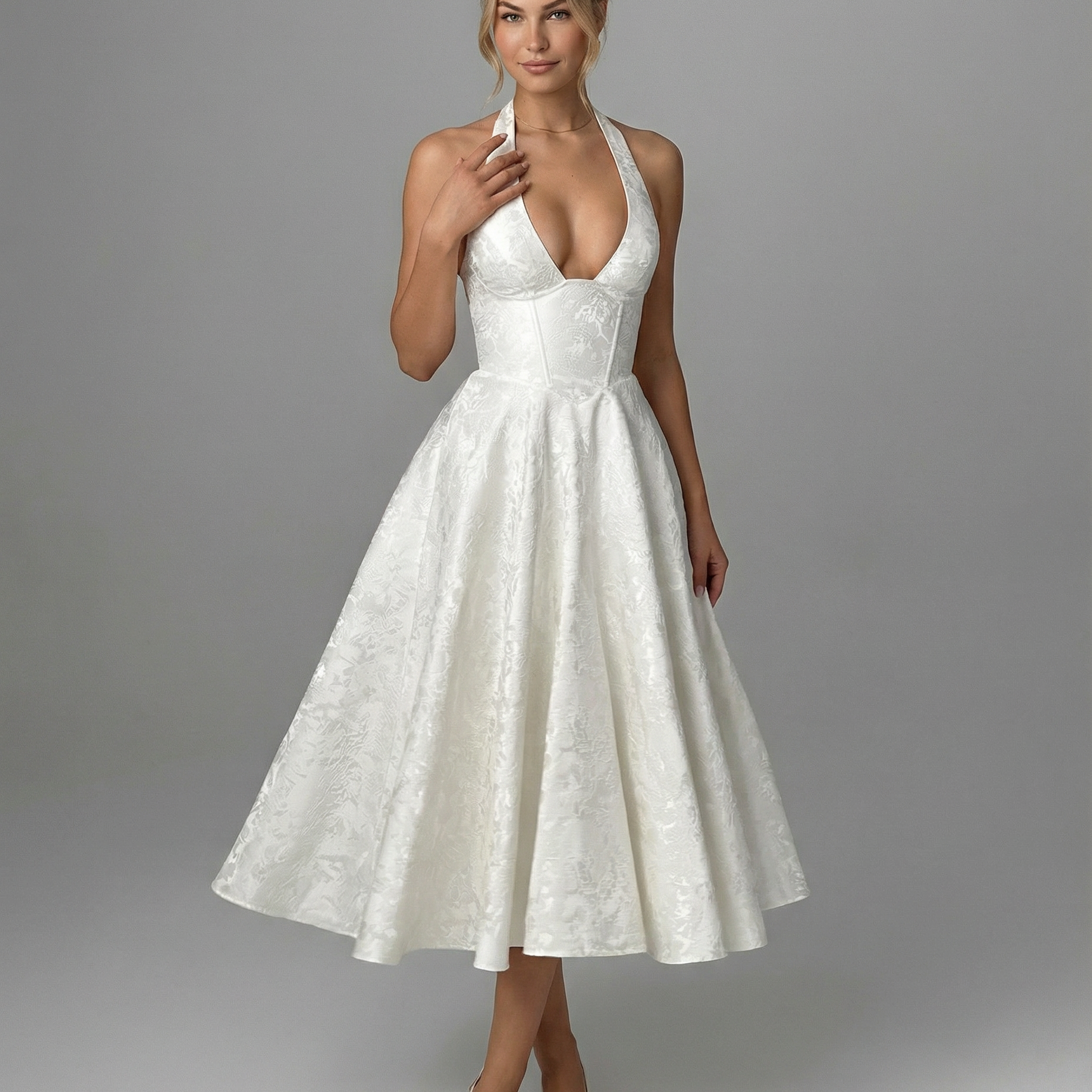 Women's Halter Midi Dress with Jacquard Finish