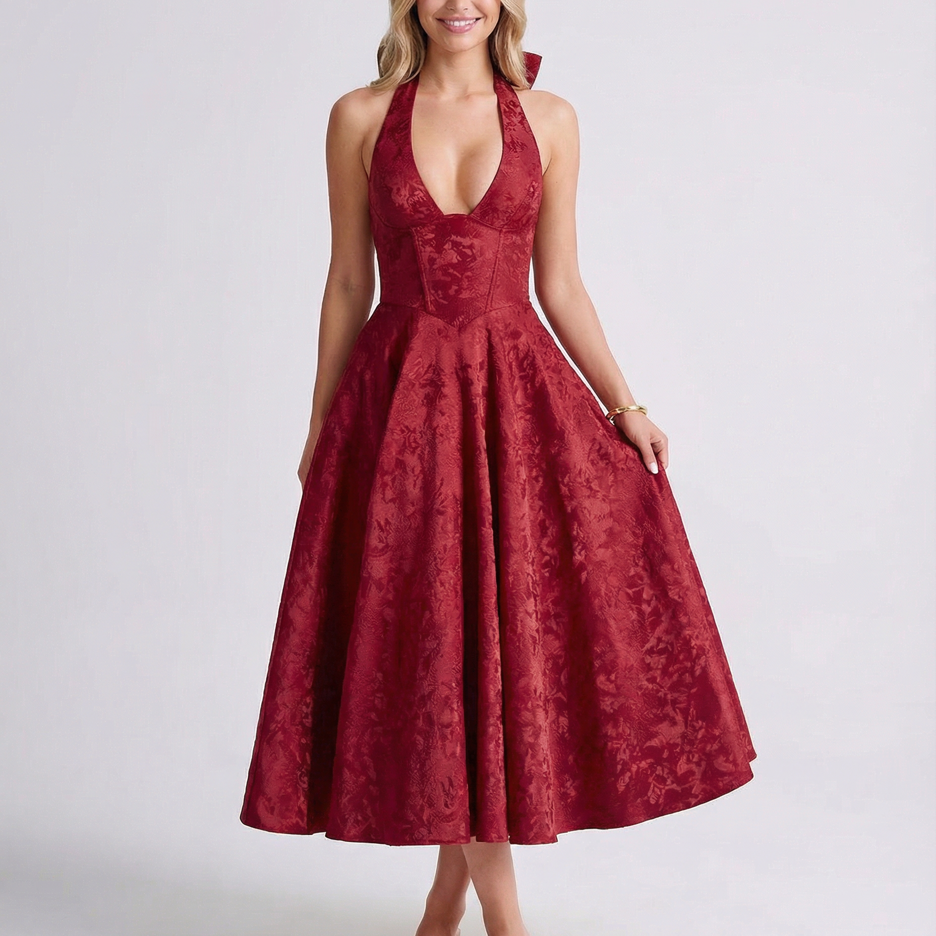 Women's Halter Midi Dress with Jacquard Finish