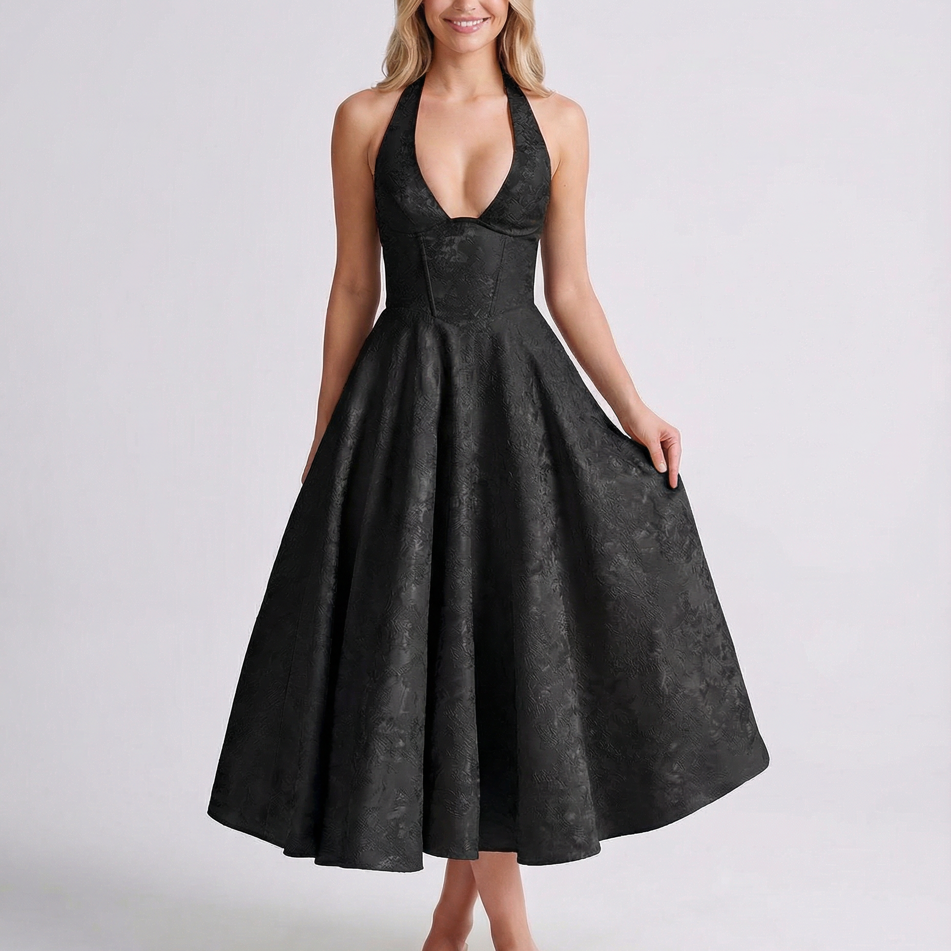 Women's Halter Midi Dress with Jacquard Finish