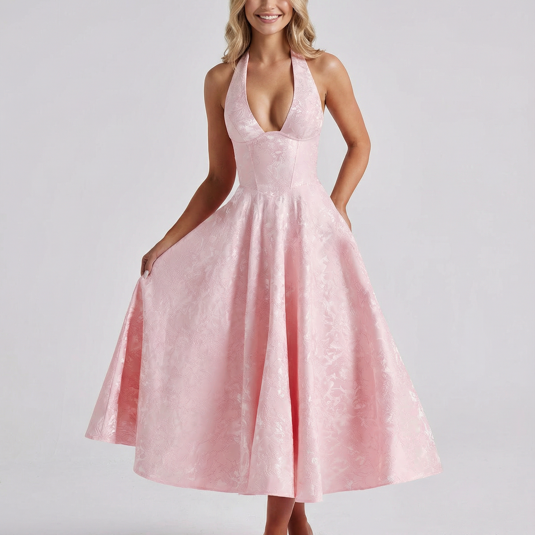 Women's Halter Midi Dress with Jacquard Finish