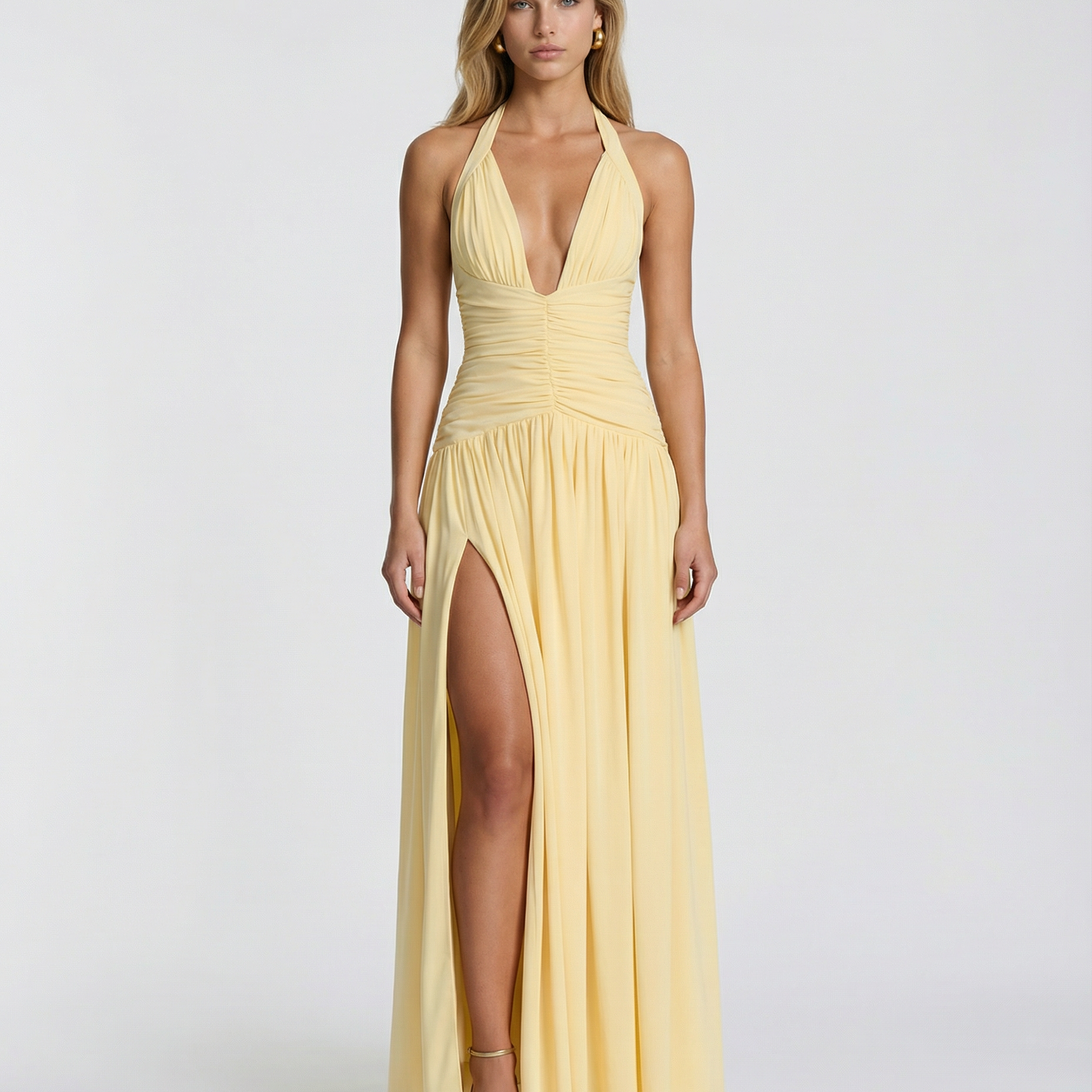 Women's Halter Maxi Dress with Ruched Corset
