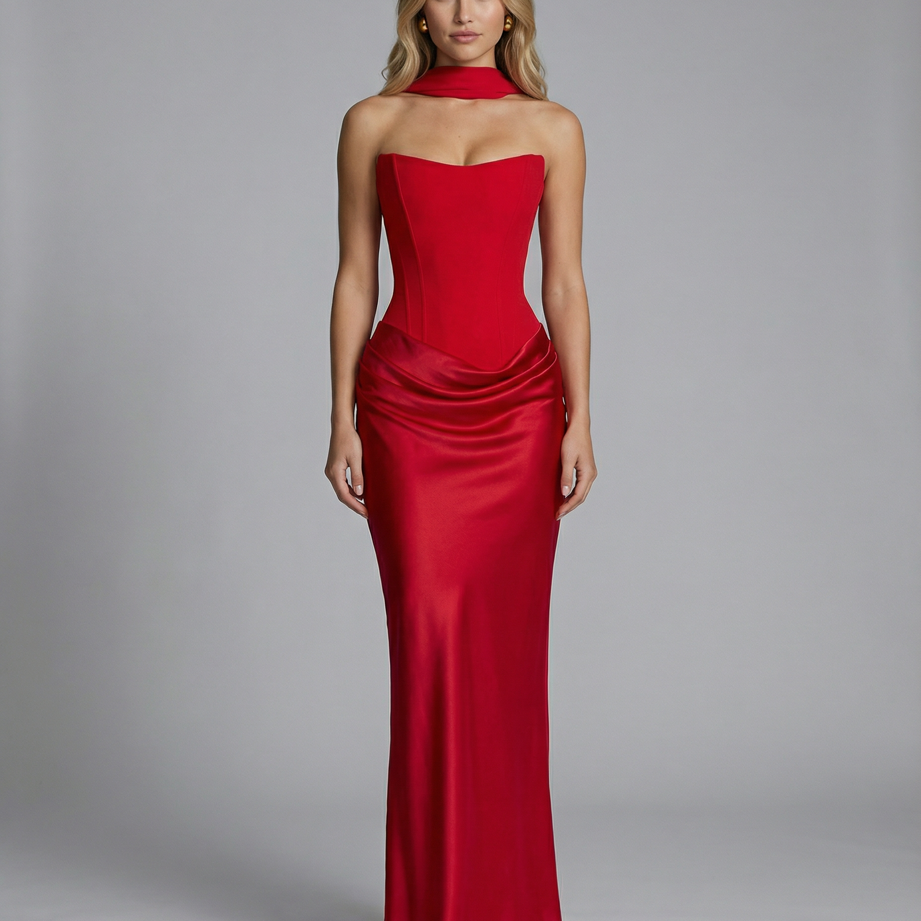 Women's Strapless Corset Maxi Dress with Draped Skirt