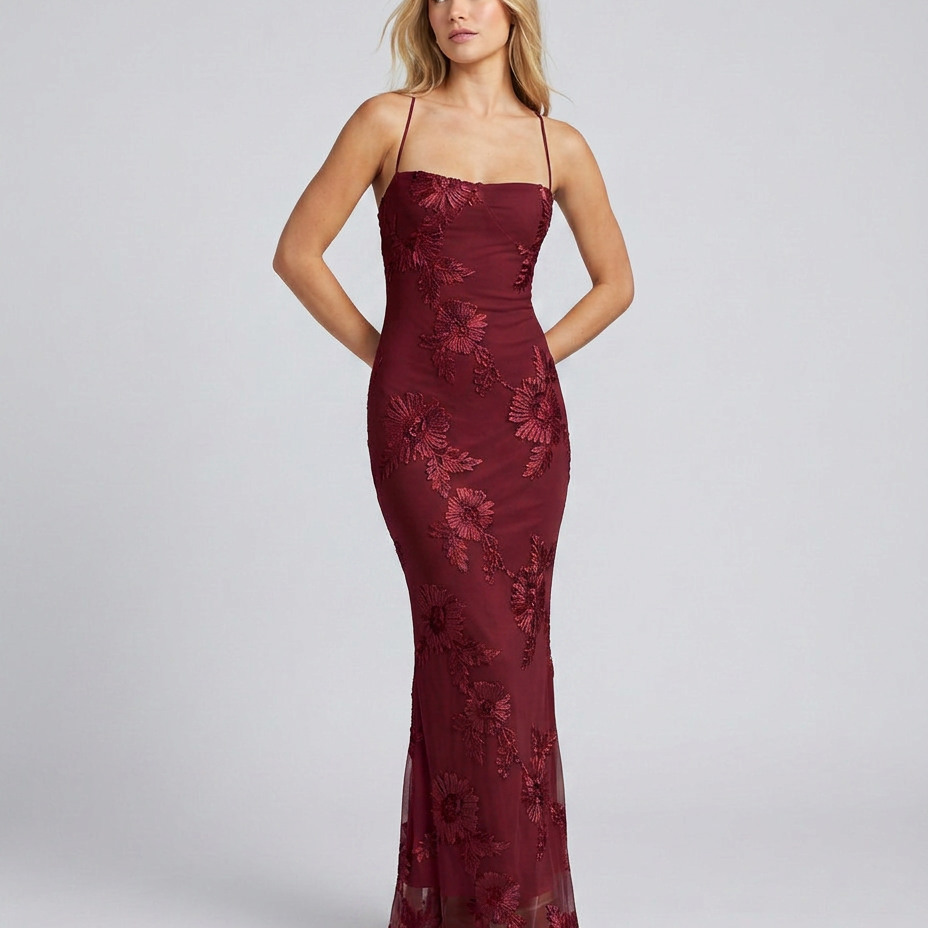 Women's Floral Appliqué Maxi Dress with Lace-Up Back