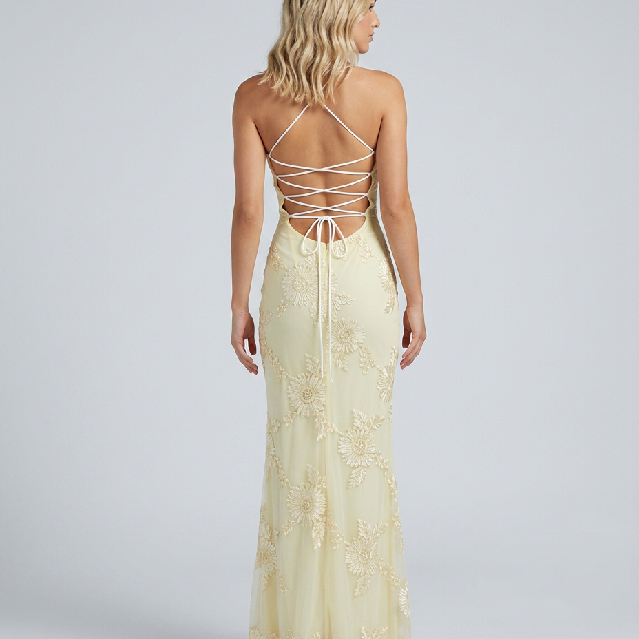 Women's Floral Appliqué Maxi Dress with Lace-Up Back