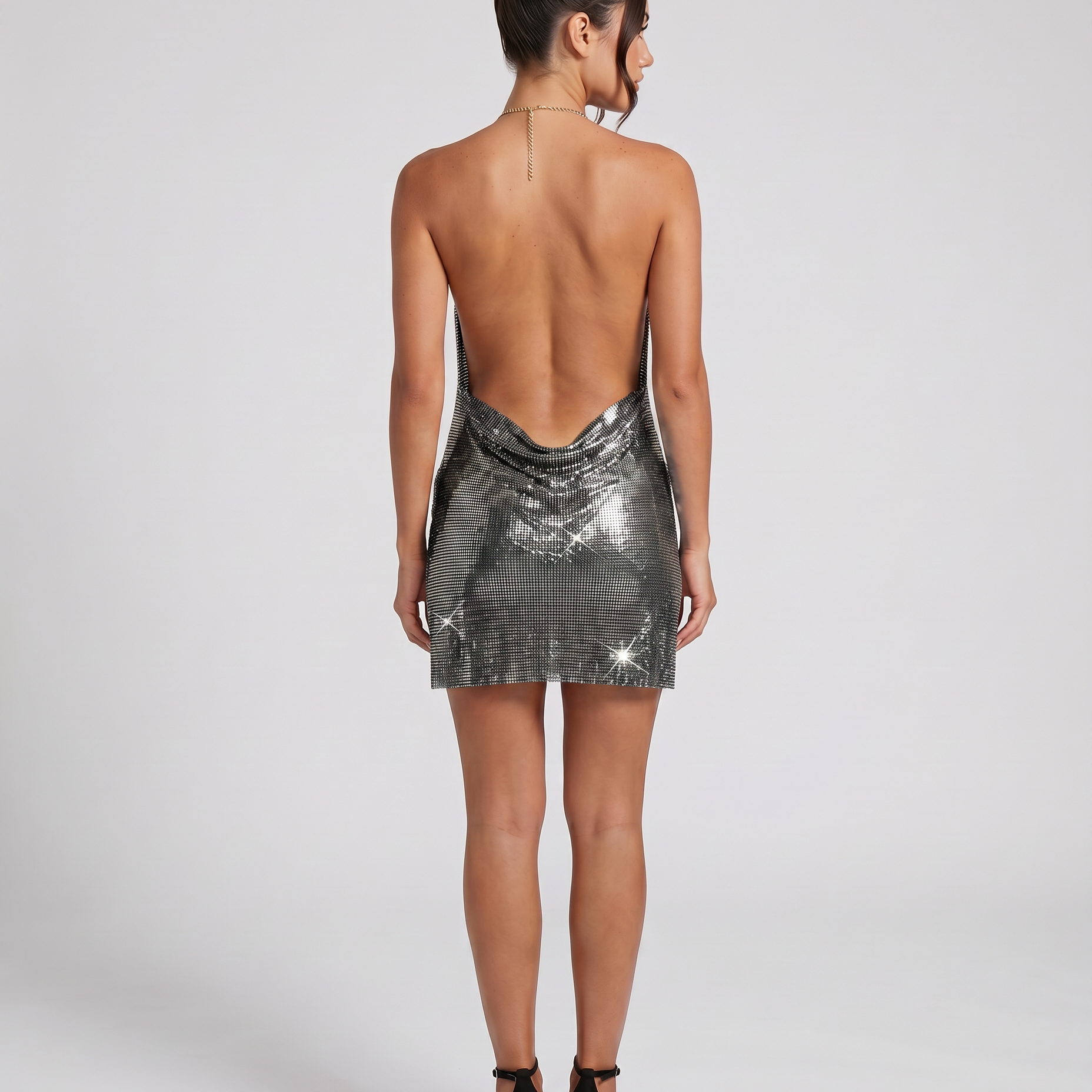 Women's Metallic Halter Mini Dress with Side Slit