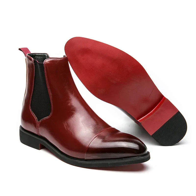 Men's Glossy Red-Sole Chelsea Boots in PU Leather