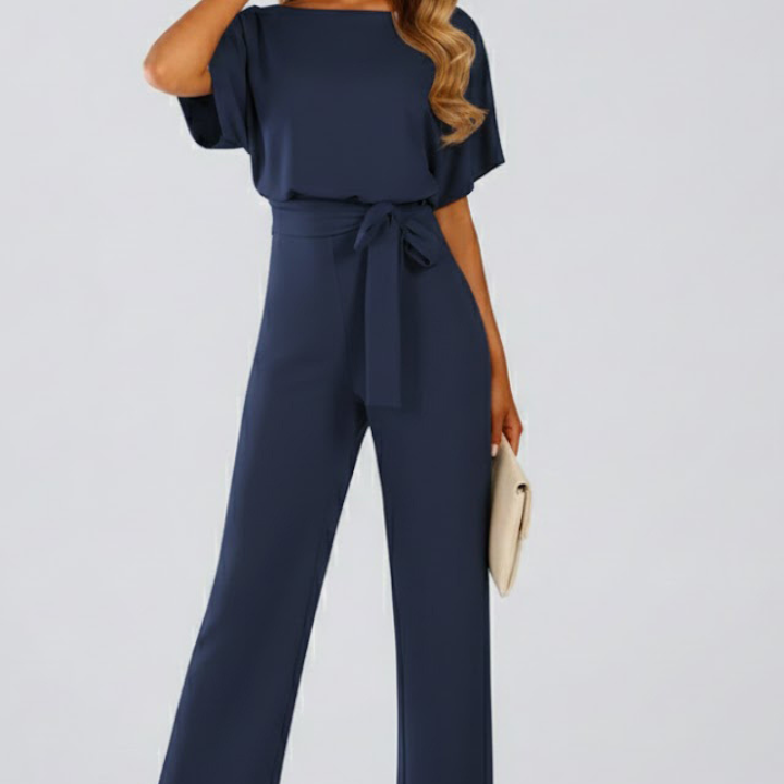 Women's Wide-Leg Belted Jumpsuit with V-Neck
