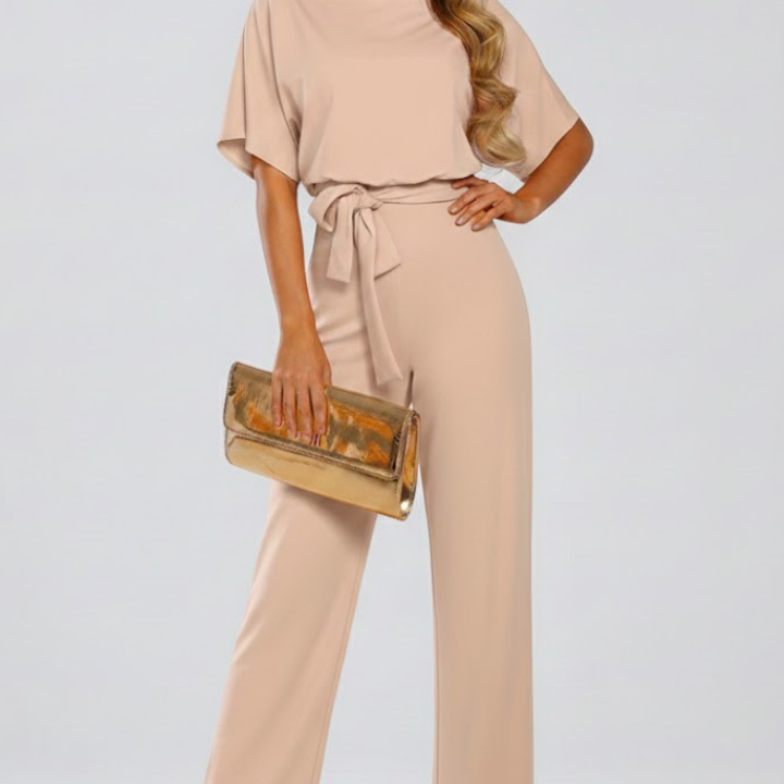 Women's Wide-Leg Belted Jumpsuit with V-Neck