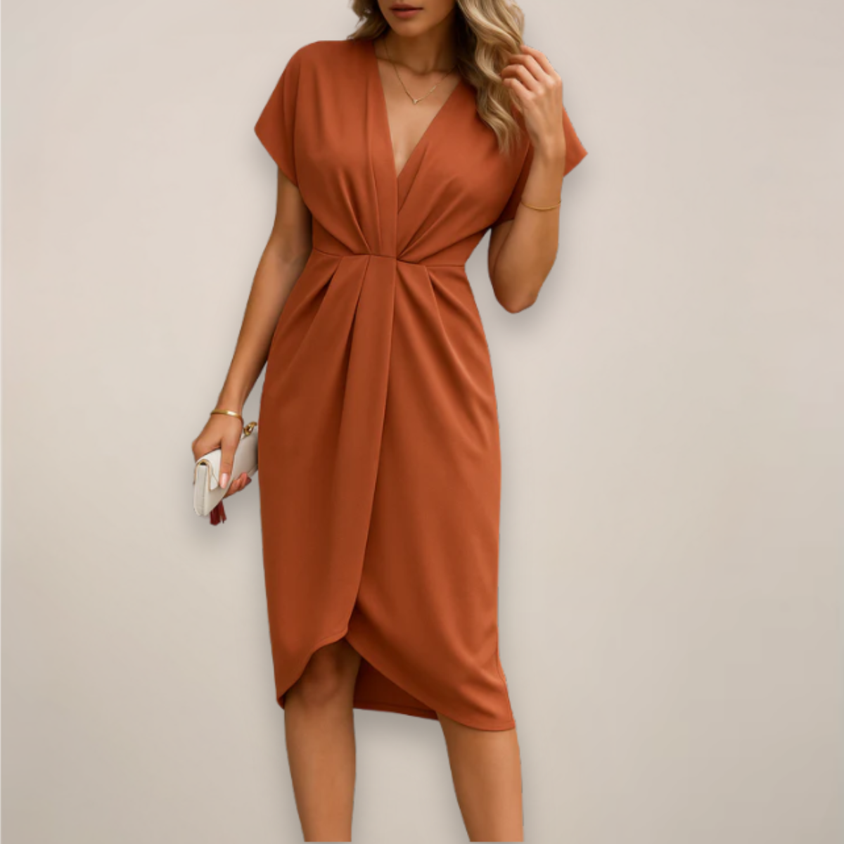 Women's Wrap-Front Pleated Short-Sleeve Midi Dress