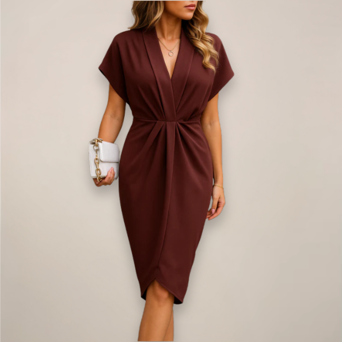 Women's Wrap-Front Pleated Short-Sleeve Midi Dress
