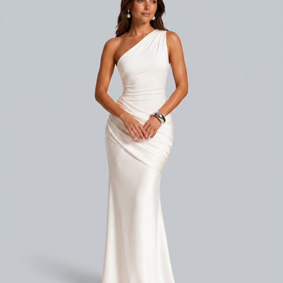 Women's One Shoulder Draped Satin Maxi Dress