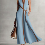 Women's Navy Linen Wrap Long Dress