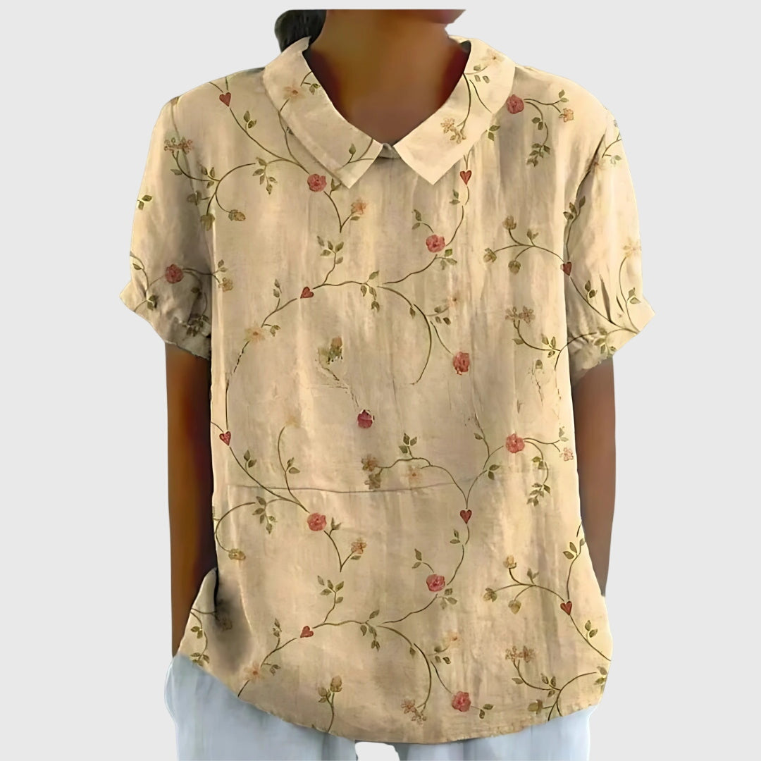 Women's Floral Short-Sleeve Collared Cotton Blend Blouse