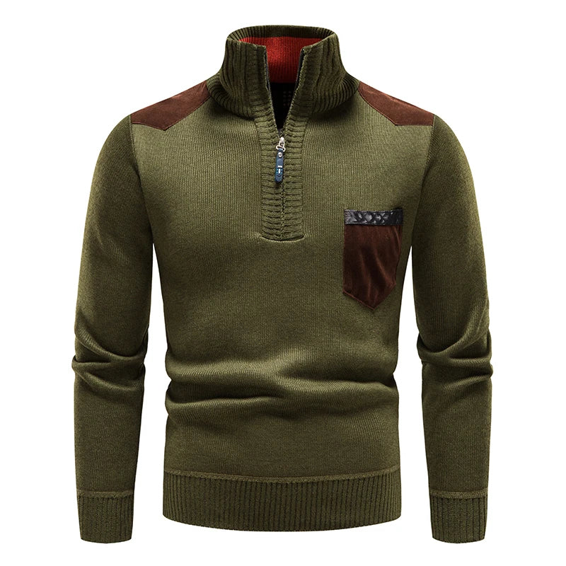 Men's Quarter Zip Knit Sweater with Contrast Pocket