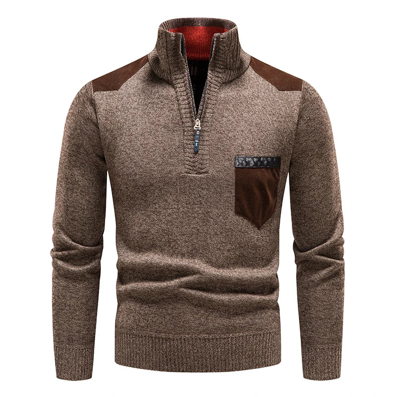 Men's Quarter Zip Knit Sweater with Contrast Pocket
