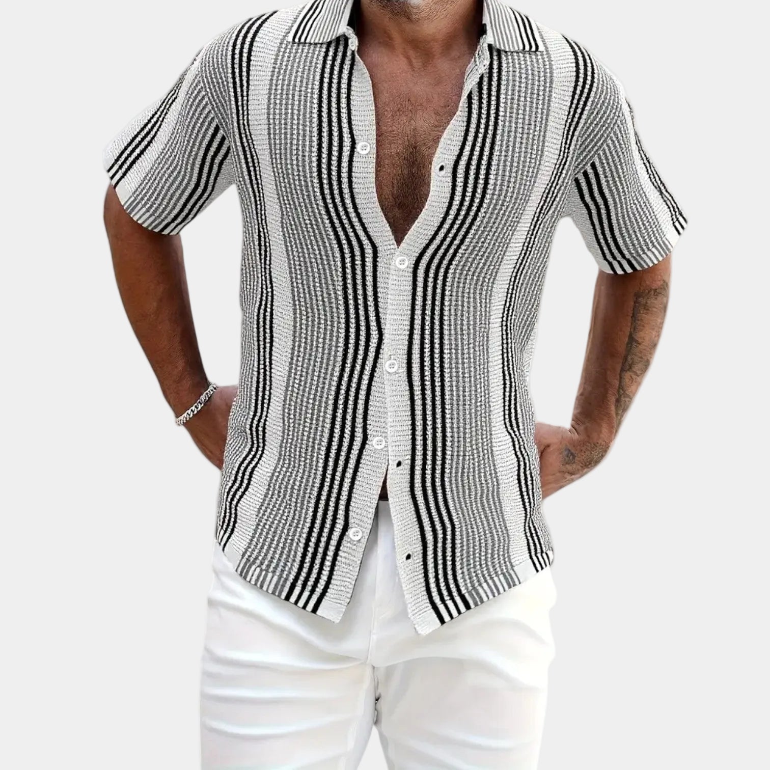 Men's Striped Linen Blend Short Sleeve Shirt