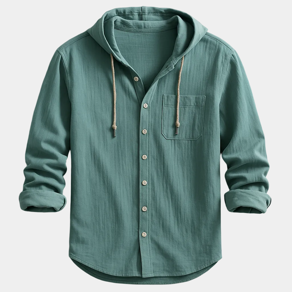 Men's Hooded Button-Up Linen Blend Shirt