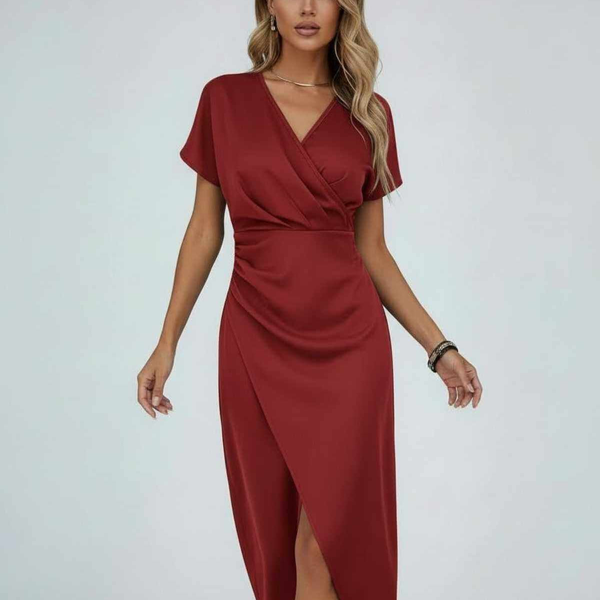 Women's Wrap Midi Dress, V-Neck and Split Hem