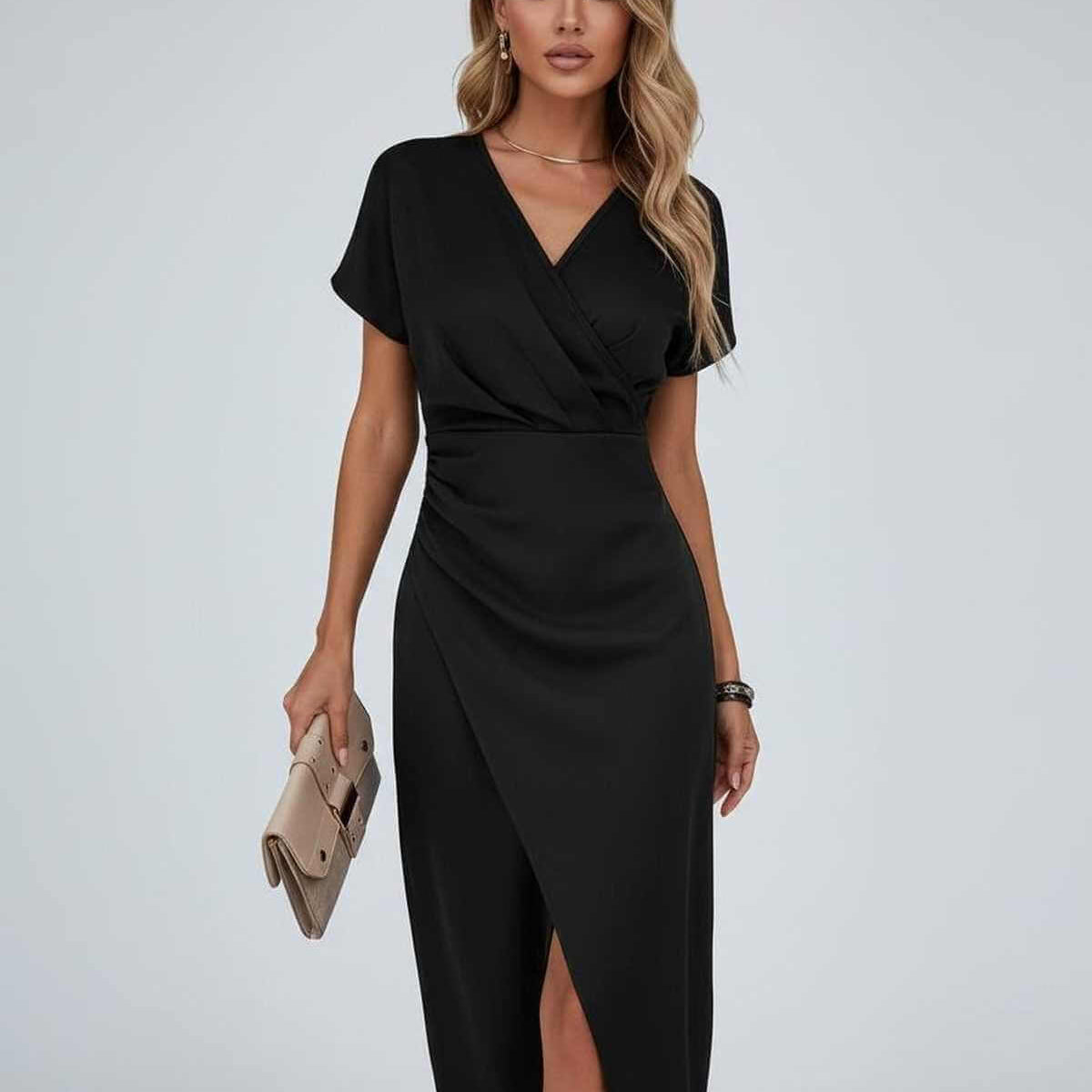 Women's Wrap Midi Dress, V-Neck and Split Hem