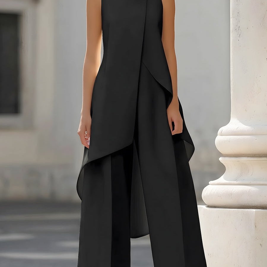 Women's Mock Neck Asymmetric Top and Wide-Leg Pants Set