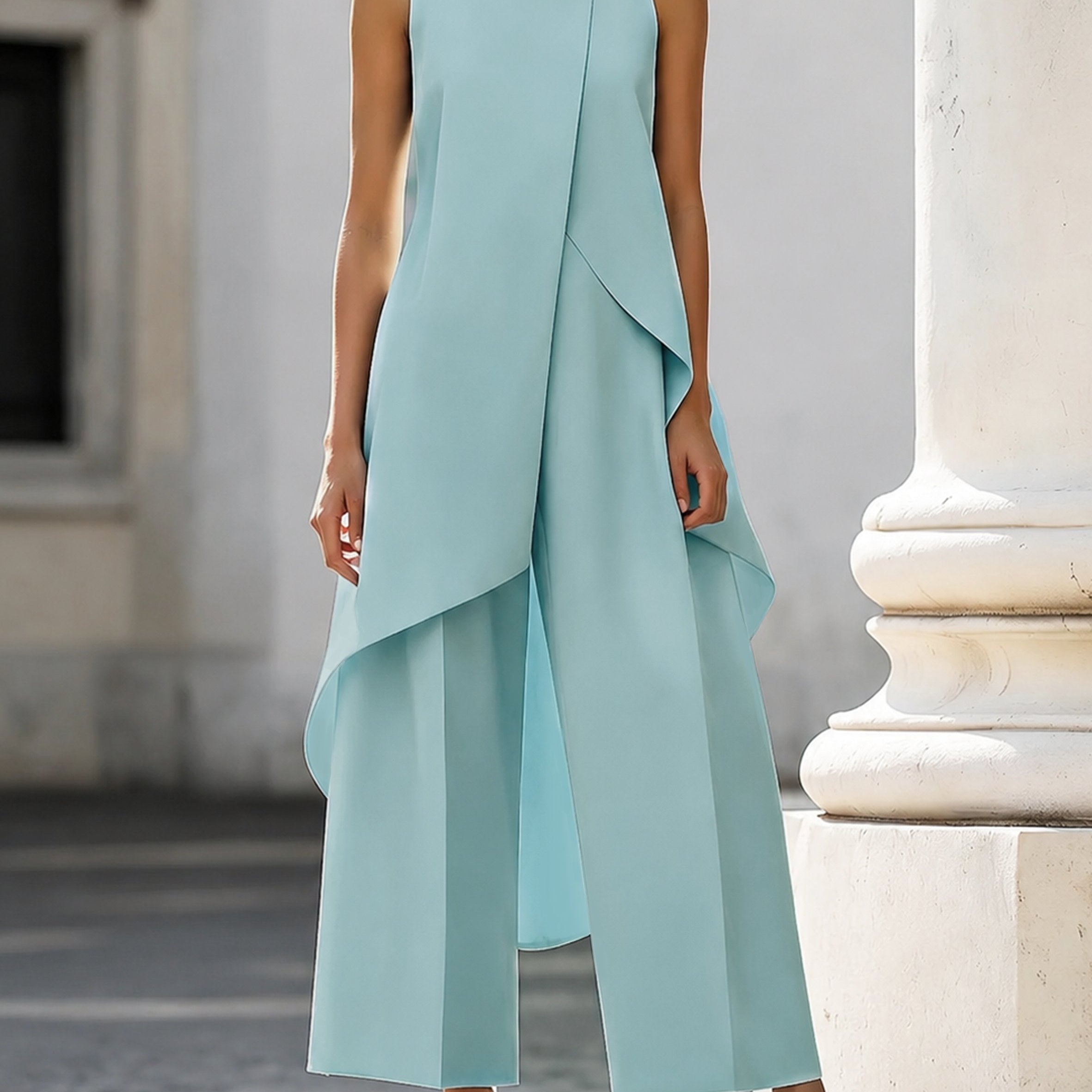 Women's Mock Neck Asymmetric Top and Wide-Leg Pants Set