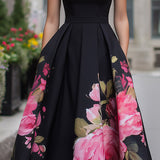 Women's Floral Pleated A-Line Sleeveless Midi Dress