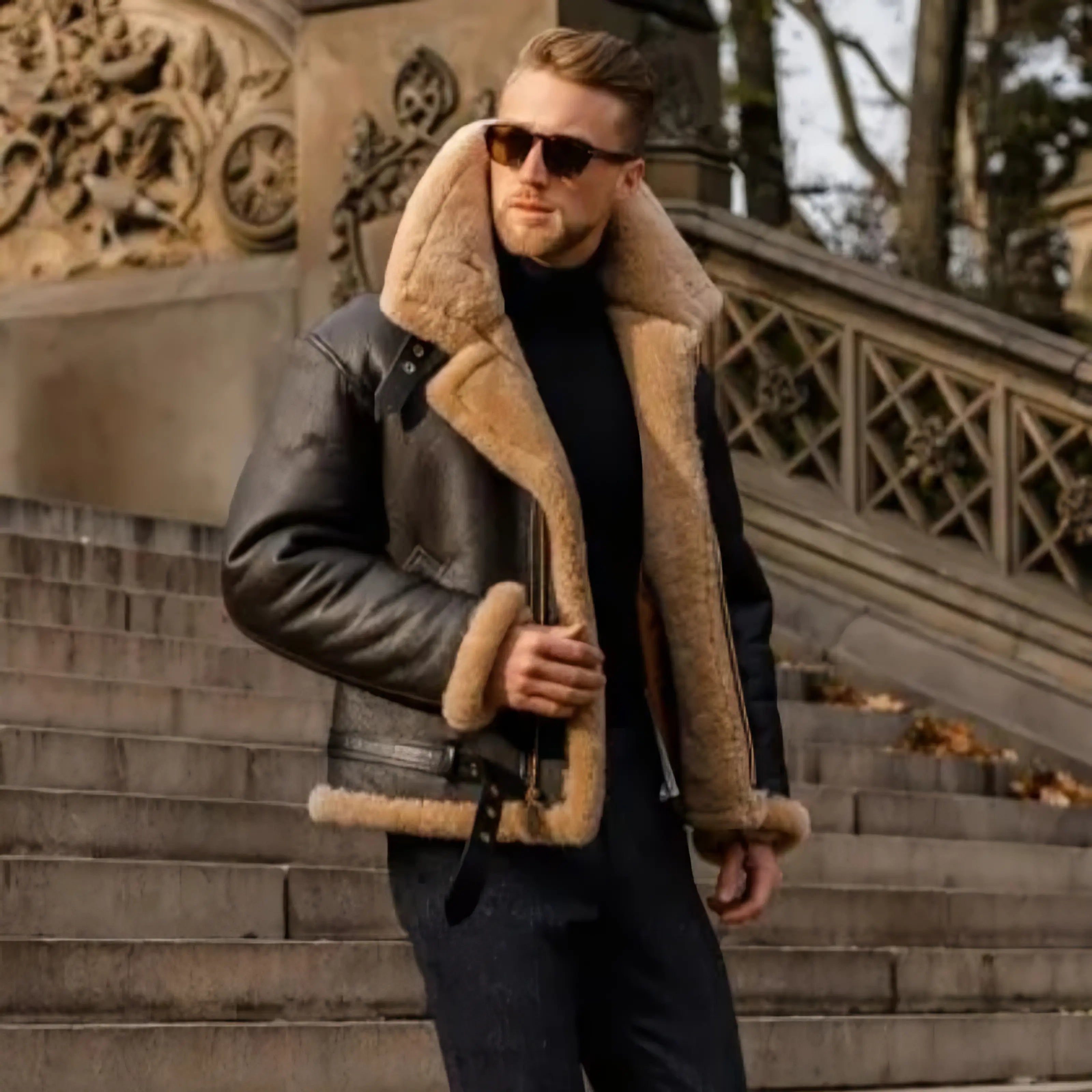 Classic Men's Shearling Aviator Pilot Jacket