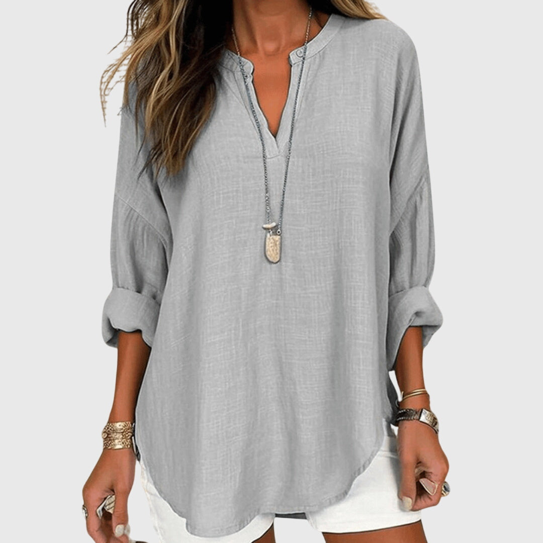 Women's Loose V-Neck Cotton Blend Blouse
