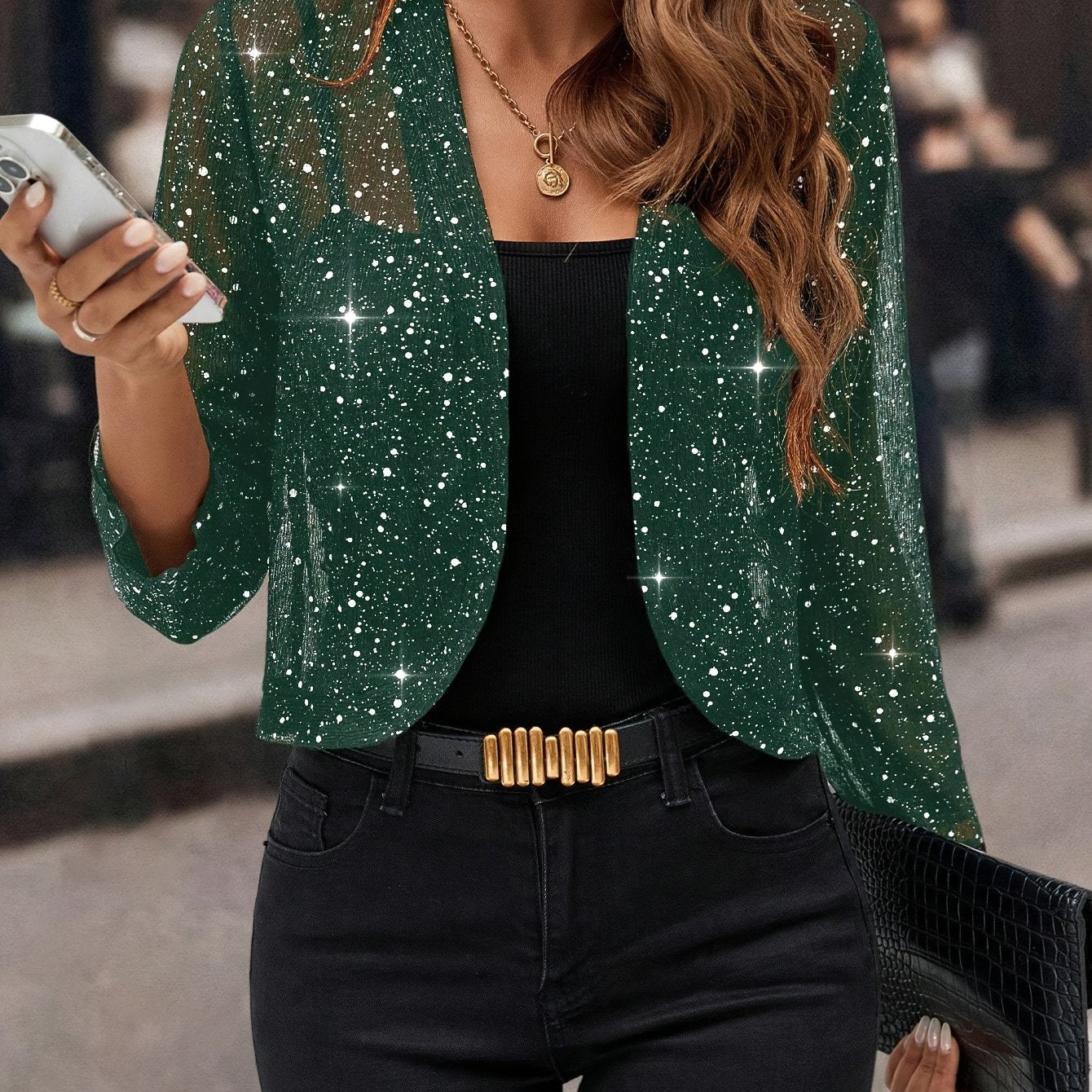 Women's Cropped Open-Front Sequin Long-Sleeve Cardigan