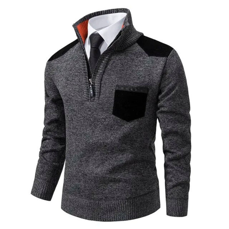 Men's Quarter Zip Knit Sweater with Contrast Pocket