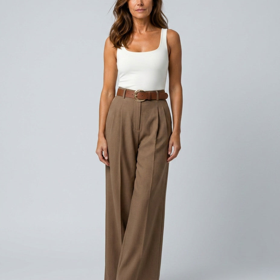 Women's Pleated Wide-Leg Trousers with Sash Belt
