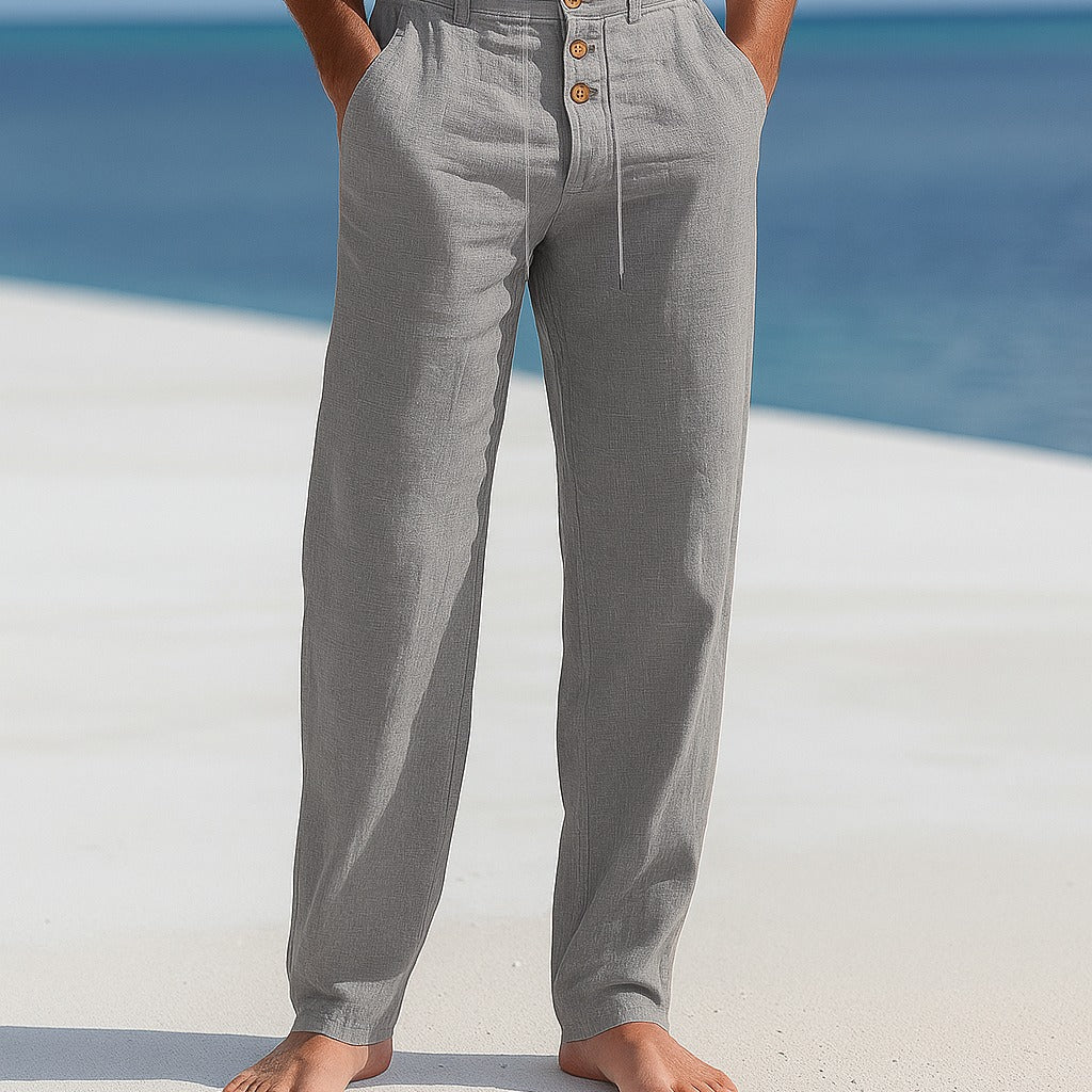 Men's Lightweight Camel Linen Beach Straight Leg Relaxed Fit Trousers