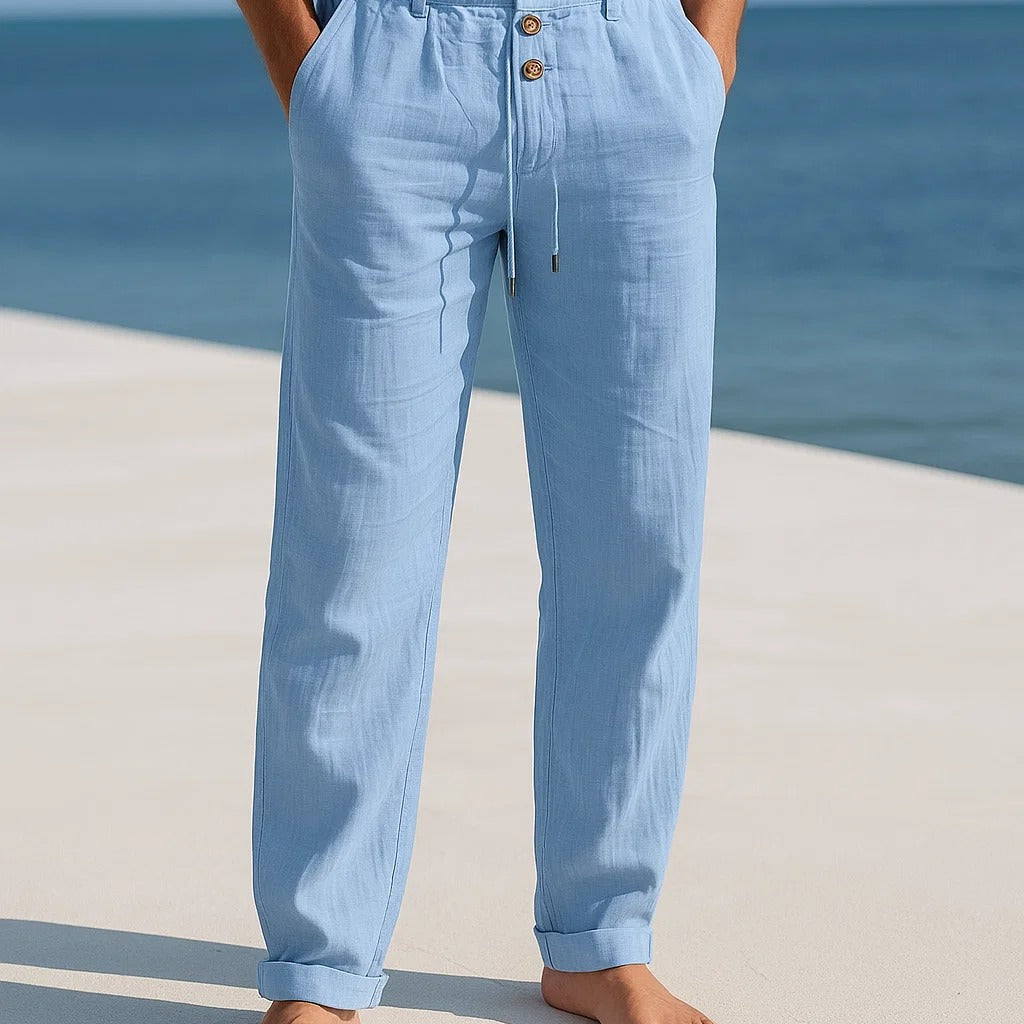 Men's Lightweight Camel Linen Beach Straight Leg Relaxed Fit Trousers