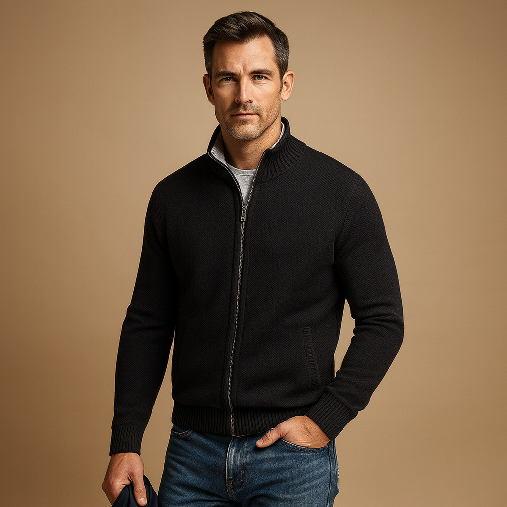 Men's Full-Zip Stand-Collar Textured Knit Sweater