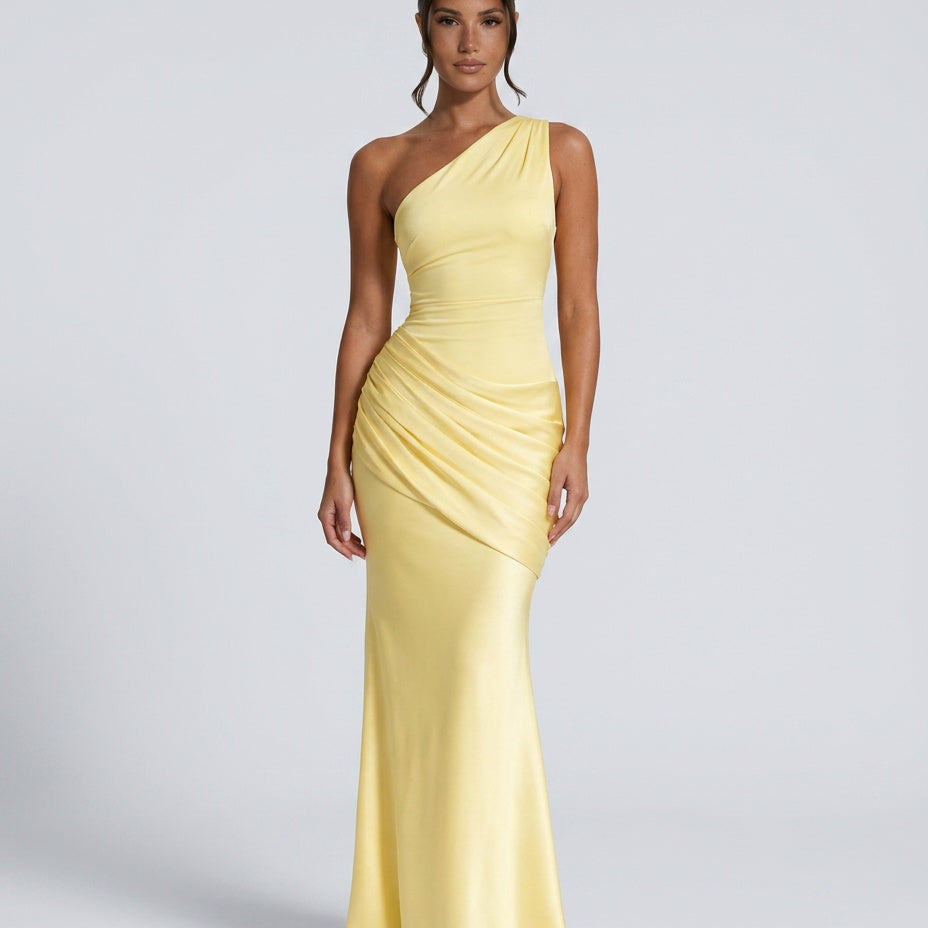 Women's One Shoulder Draped Satin Maxi Dress