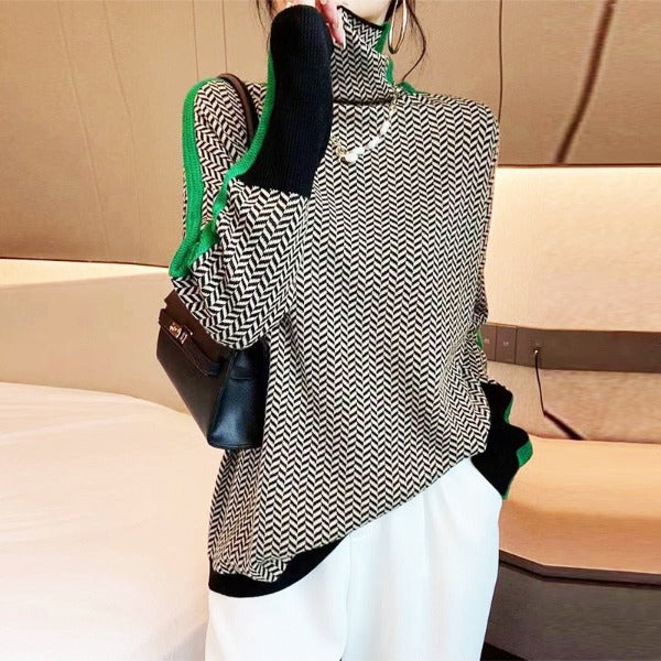 Contrast Sleeve Turtleneck Long Sleeve Pullover
