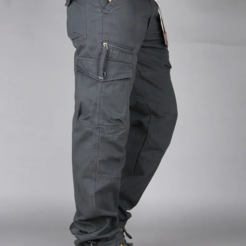 Men's Baggy Straight-Leg Multi-Pocket Cotton Blend Cargo Trousers