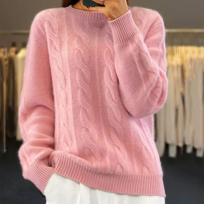 Cable Knit Wool Sweater with Ribbed Trim