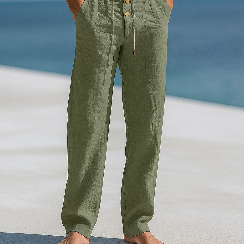 Men's Lightweight Camel Linen Beach Straight Leg Relaxed Fit Trousers